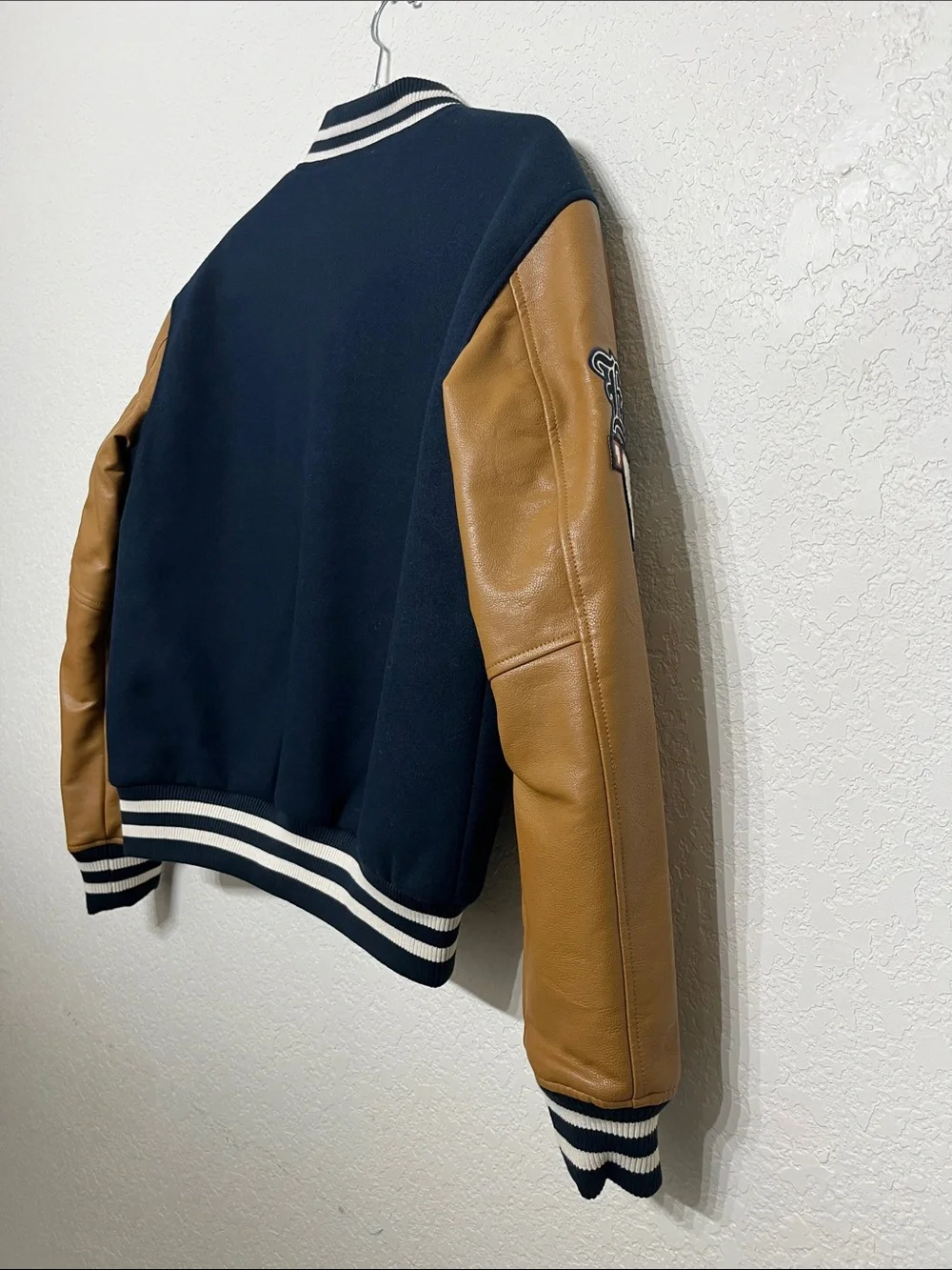 Aeropostale Men’s XS Varsity Jacket With Navy Blue Wool and Tan Leather Sleeves